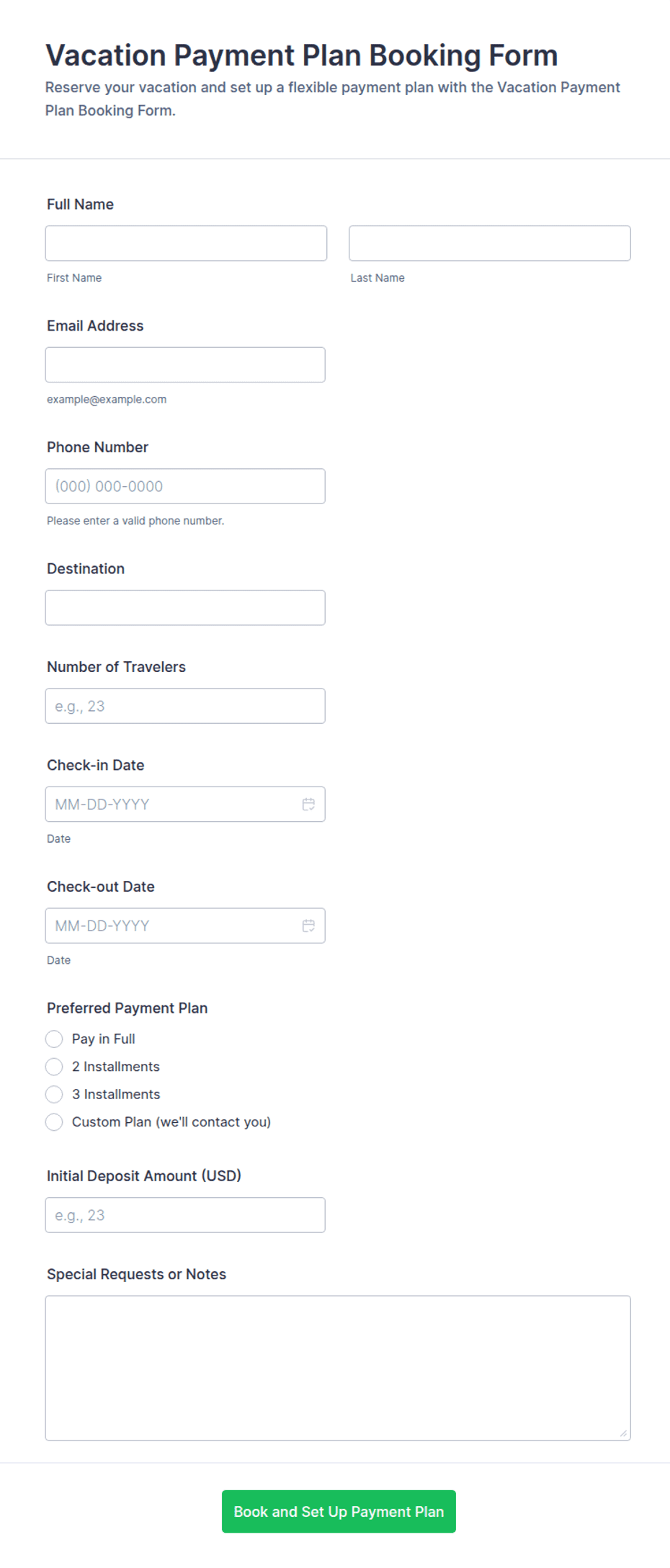 Vacation Payment Plan Booking Form Template | Jotform