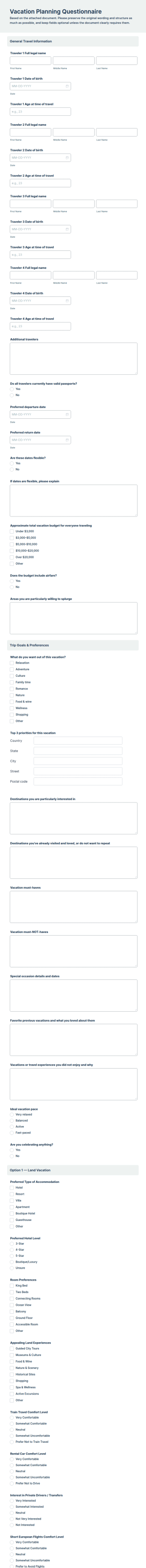 Vacation Planning Questionnaire Form Template