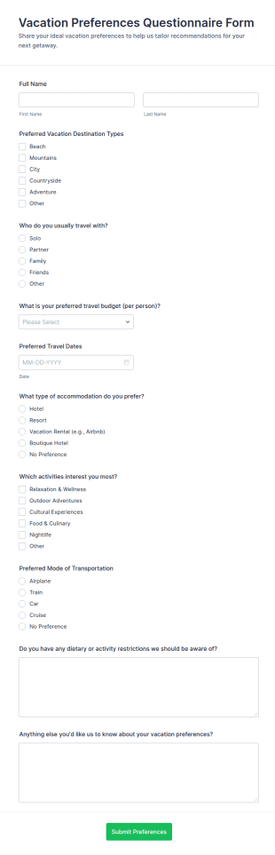 Vacation Preferences Questionnaire Form Template