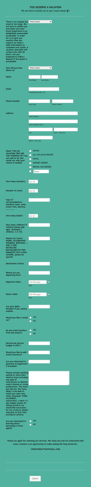 Vacation Quote Request Form Template