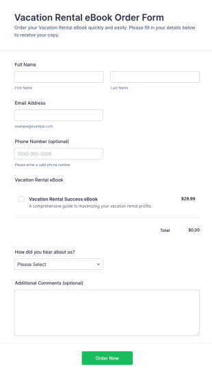 Vacation Rental EBook Order Form Template