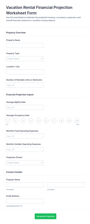 Vacation Rental Financial Projection Worksheet Form Template