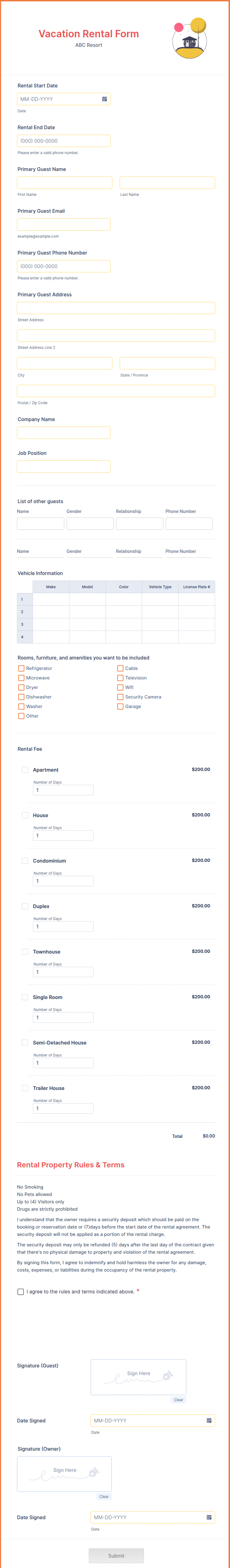 Vacation Rental Form Template | Jotform