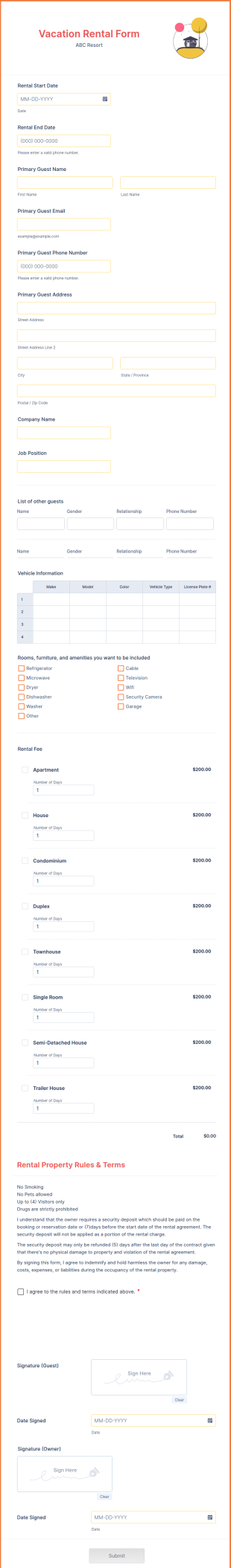 Vacation Rental Form Template