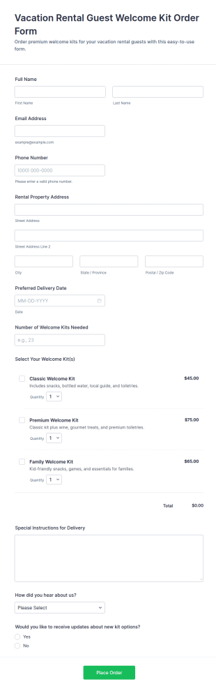 Vacation Rental Guest Welcome Kit Order Form Template