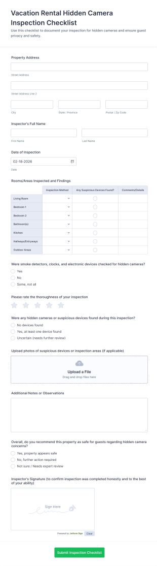 Vacation Rental Hidden Camera Inspection Checklist Form Template