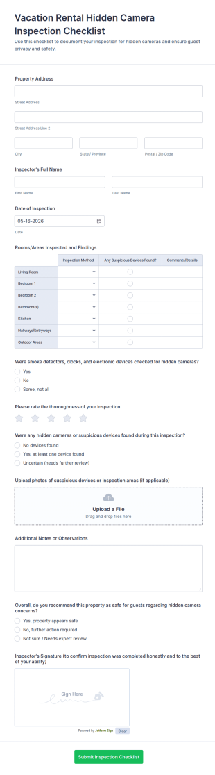 Vacation Rental Hidden Camera Inspection Checklist Form Template