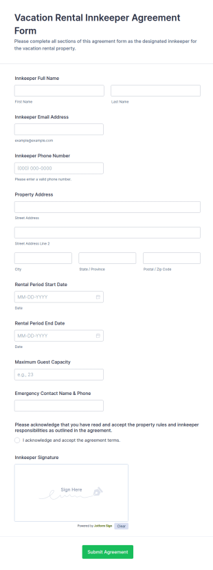 Vacation Rental Innkeeper Agreement Form Template