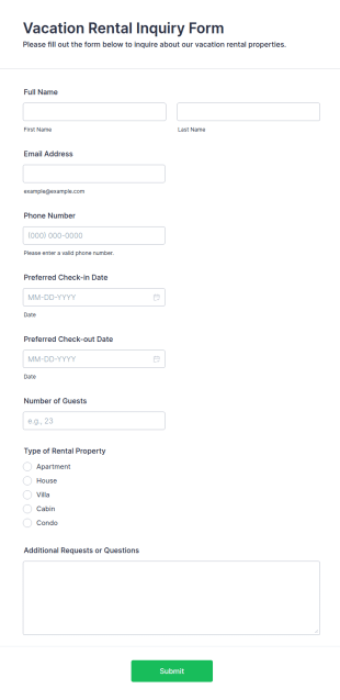 Vacation Rental Inquiry Form Template