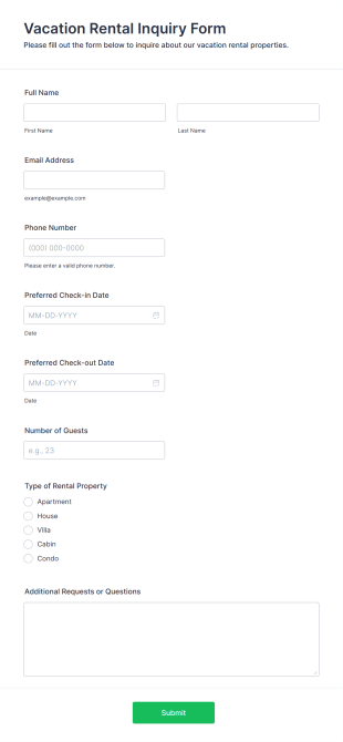 Vacation Rental Inquiry Form Template