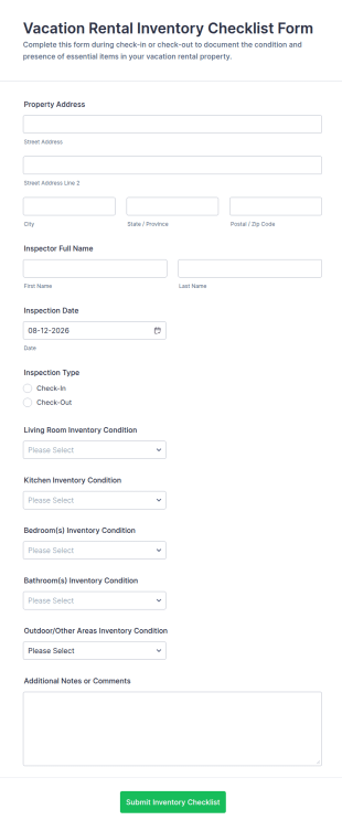 Vacation Rental Inventory Checklist Form Template