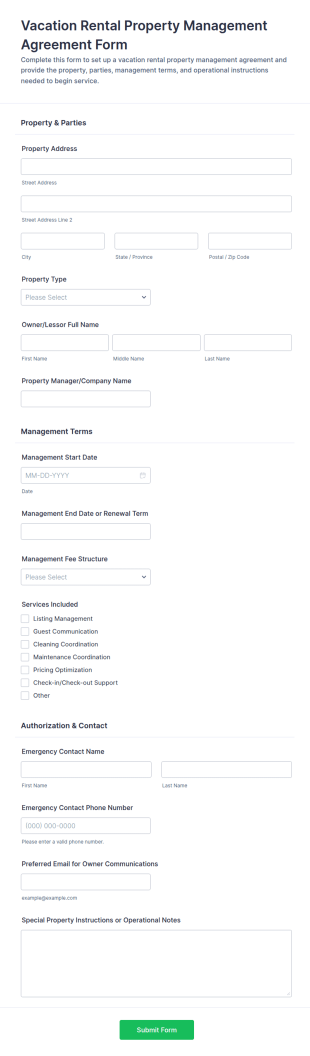 Vacation Rental Property Management Agreement Form Template