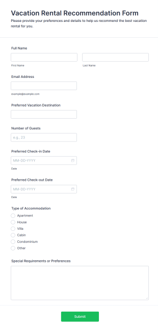 Vacation Rental Recommendation Form Template
