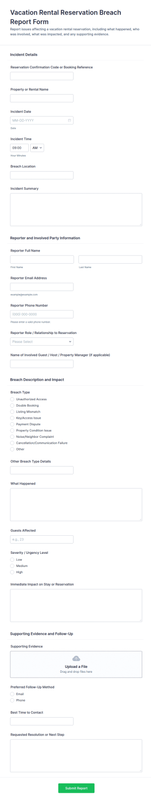 Vacation Rental Reservation Breach Report Form Template