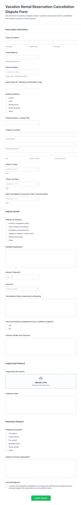 Vacation Rental Reservation Cancellation Dispute Form Template