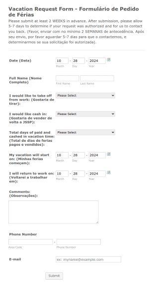 Formulário De Pedido De Férias Form Template