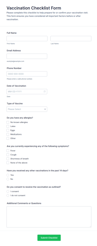 Vaccination Checklist Form Template