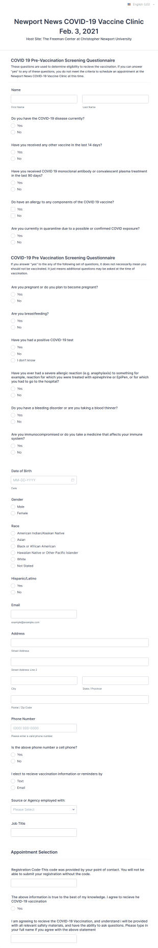 Vaccination Clinic Registration Form Template
