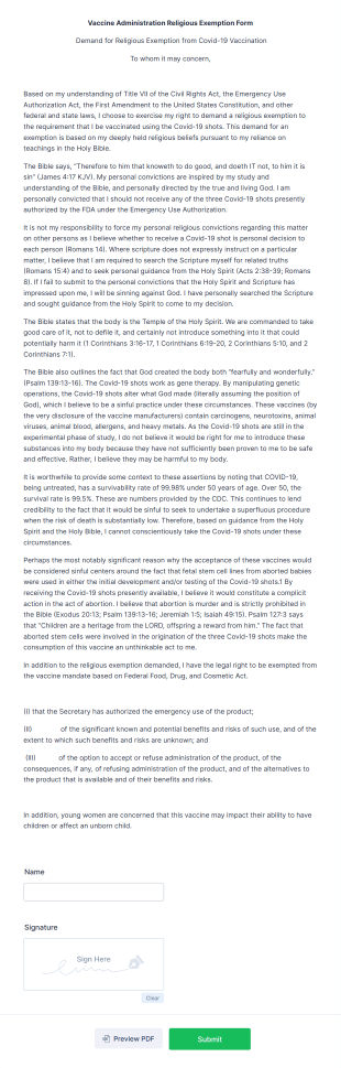 Vaccine Administration Religious Exemption Form Template