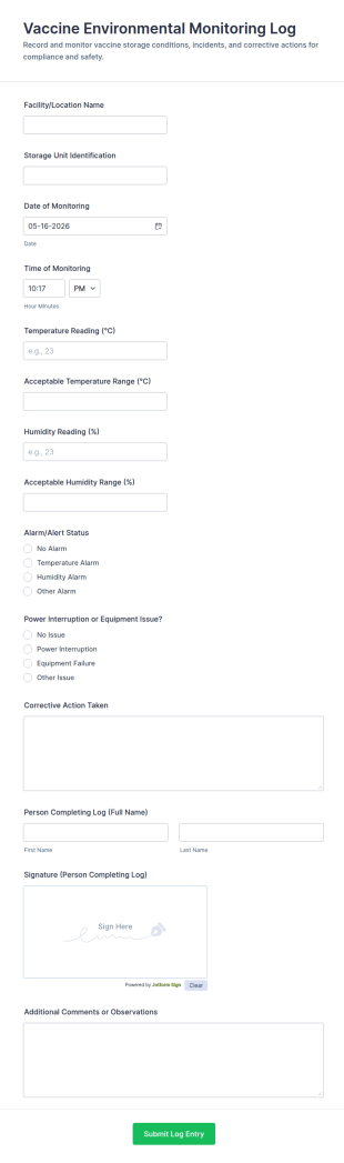 Vaccine Environmental Monitoring Log Form Template