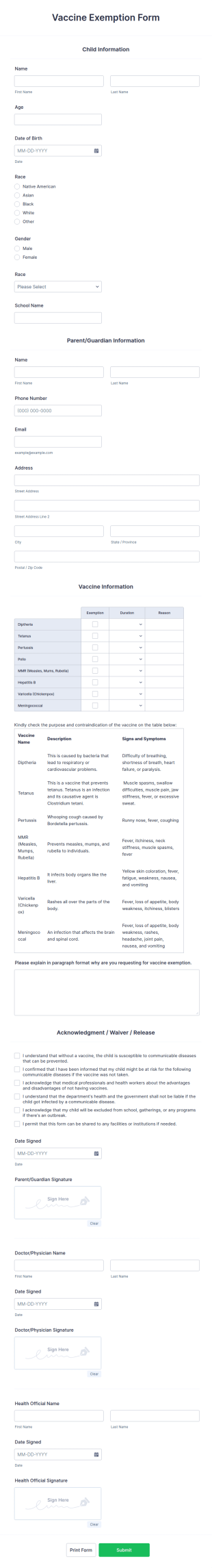 Vaccine Exemption Form Template