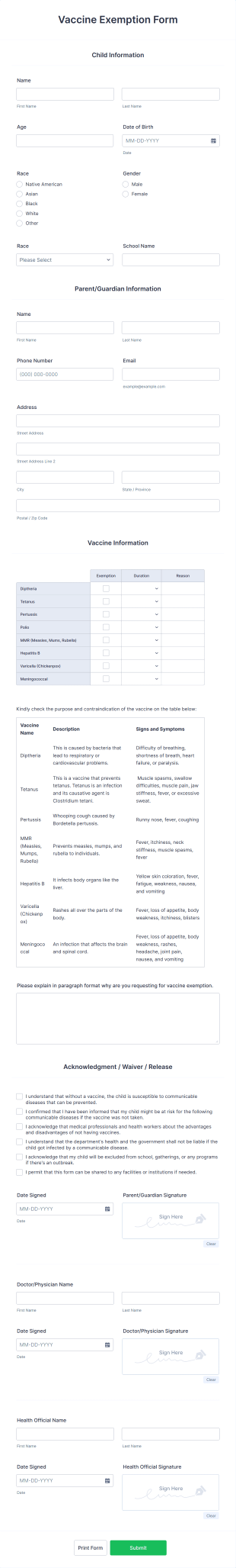 Vaccine Exemption Form Template