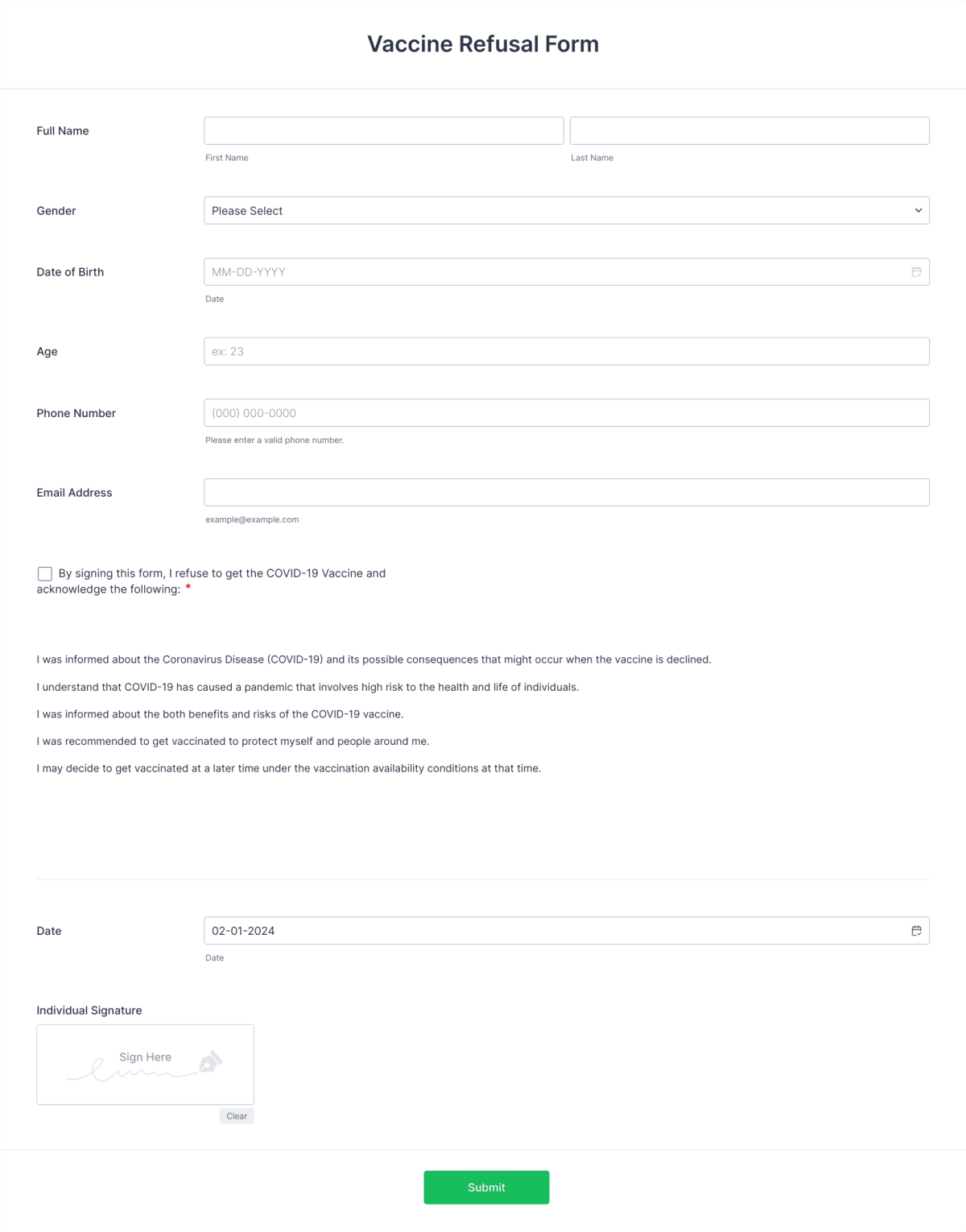 Vaccine Refusal Form Template | Jotform
