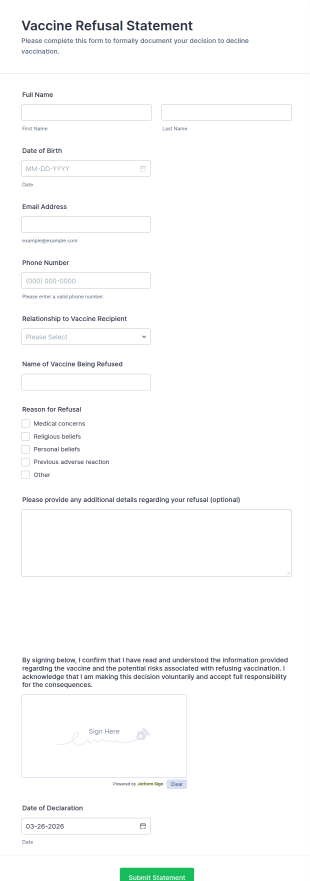 Vaccine Refusal Statement Form Template