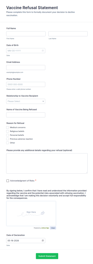 Vaccine Refusal Statement Form Template
