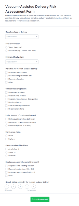 Vacuum Assisted Delivery Risk Assessment Form Template
