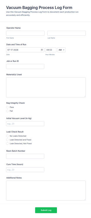 Vacuum Bagging Process Log Form Template