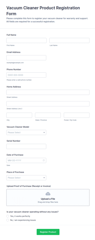 Vacuum Cleaner Product Registration Form Template