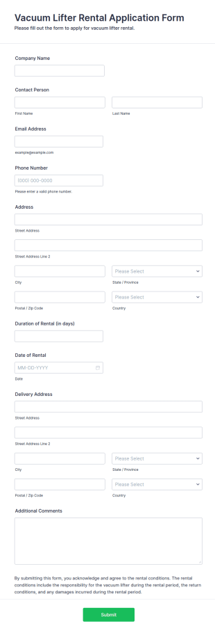 Vacuum Lifter Rental Application Form Template