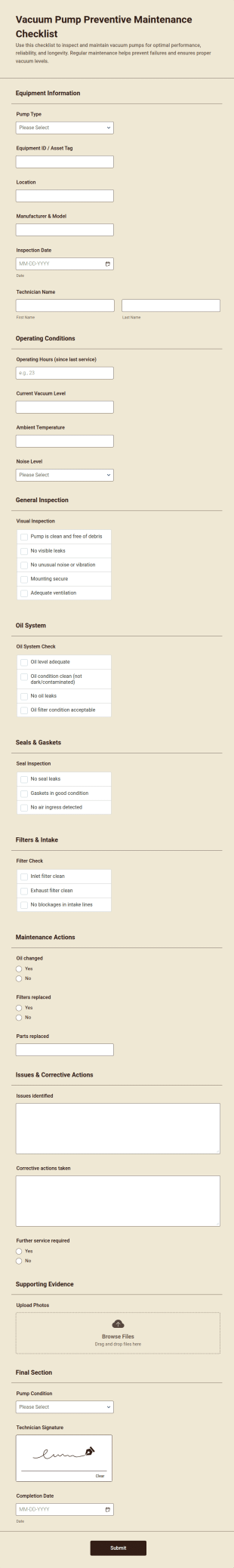 Vacuum Pump Preventive Maintenance Checklist Form Template