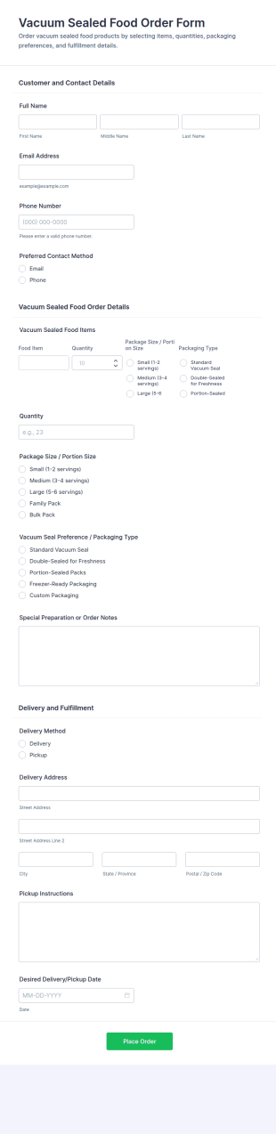 Vacuum Sealed Food Order Form Template