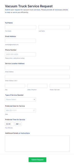 Vacuum Truck Service Request Form Template