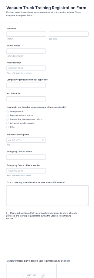 Vacuum Truck Training Registration Form Template