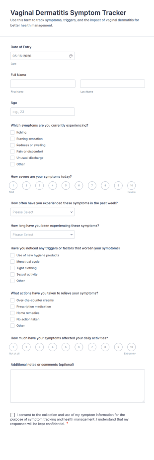 Vaginal Dermatitis Symptom Tracker Form Template