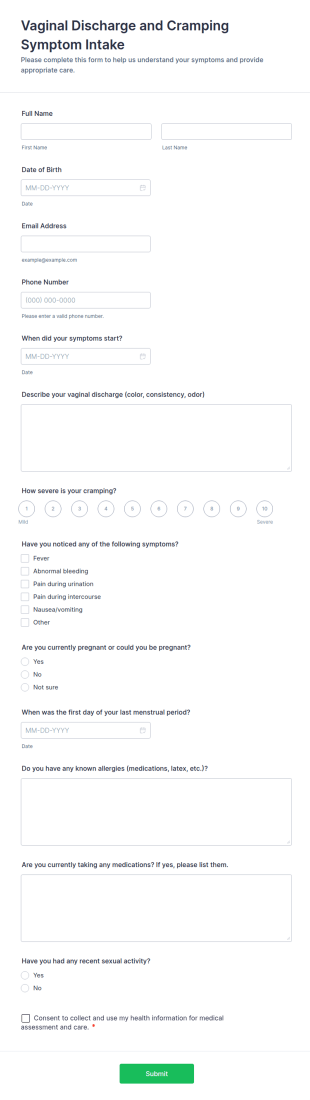 Vaginal Discharge And Cramping Symptom Intake Form Template