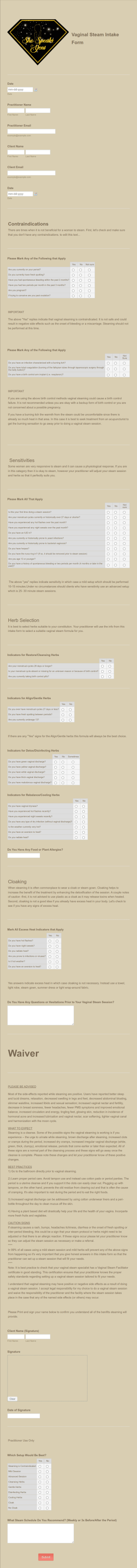 Vaginal Steam Intake Form Template