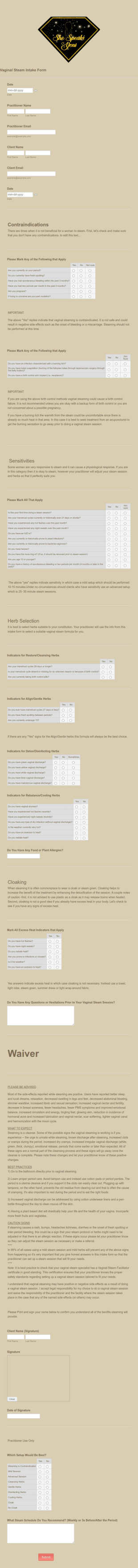 Vaginal Steam Intake Form Template