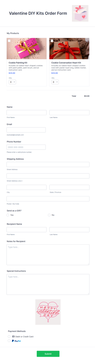 Valentine DIY Kits Order Form Template