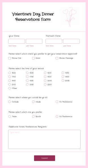 Valentines Day Dinner Reservations Form Template