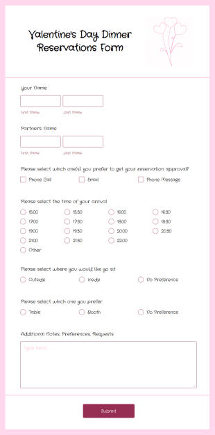 Valentines Day Dinner Reservations Form Template