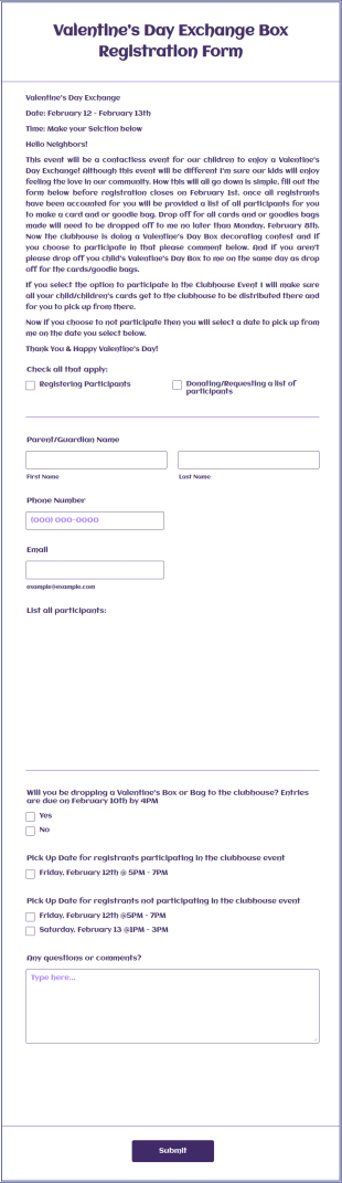 Valentine’s Day Exchange Box Registration Form Template