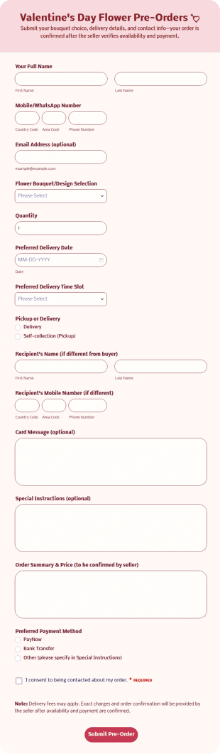 Valentine's Day Flower Pre Order Form Template