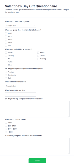 Valentine's Day Gift Questionnaire Form Template
