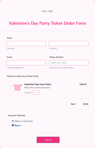 Valentine’s Day Party Ticket Order Form Template