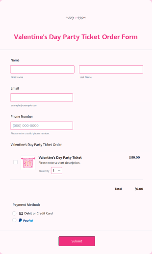 Valentine’s Day Party Ticket Order Form Template