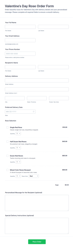 Valentine’s Day Rose Order Form Template